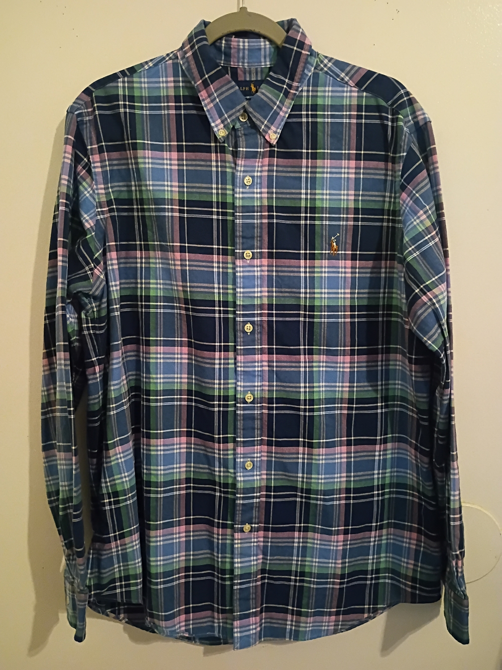 Ralph Lauren Blue Pink Green Plaid Cotton Button-Down Shirt Sz L